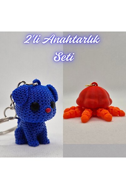 3DAtölyeMaker Blue Knitted Patterned Dog and Orange Moving Jellyfish Keychain
