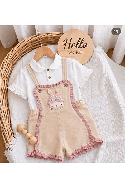 Luna Kids Store Baby Girl Rabbit Patterned Muslin Body Salopet Set Cream