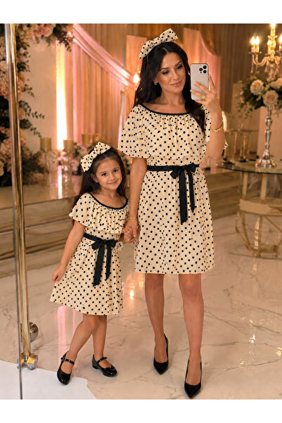 NA ADDESIGN Black Polka Dot on Cream Madonna Collar Mother-Daughter Dress Com...