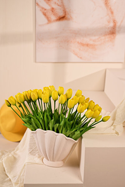 y.ç yapay çiçek marketim Sarı Yapay Tulipa Lale Çiçeği Buketi 5 Dallı Premium...