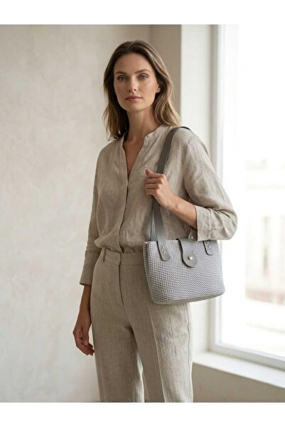 HİGHRUN Minimal Design Leather Strap Mesh Knitted Hand and Shoulder Bag