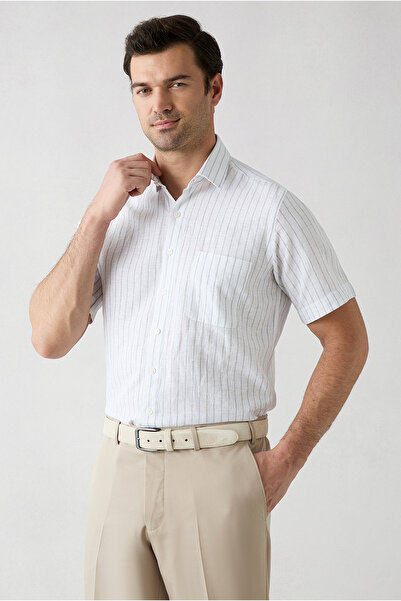 Kiğılı Short Sleeve Regular Fit Cotton Linen Striped Pocket Shirt