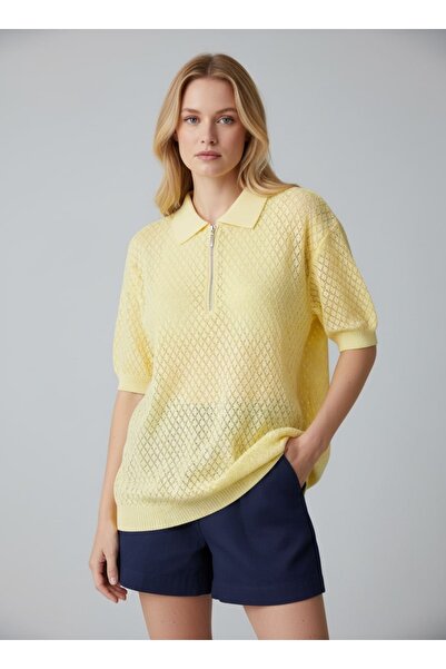 Arbucky Women's Polo Collar Mesh Detailed Oversize Knitwear Blouse