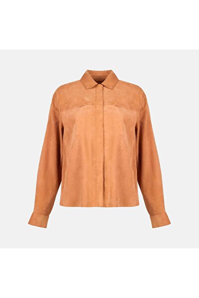 Desa Women's Orange Collared Suede Shirt Jacket
