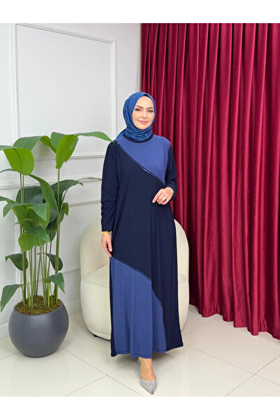 Butik Navy Blue Fabric Dress with Stone Detail Model