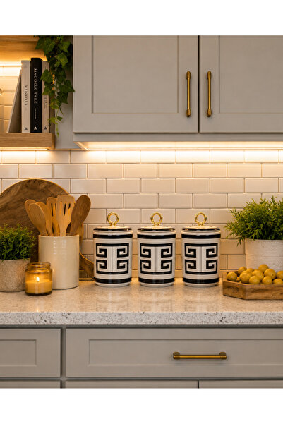 Bibo Home Kahve Köşesi Seti Baharatlık 3 lü Versa Desen Siyah Halka Gold