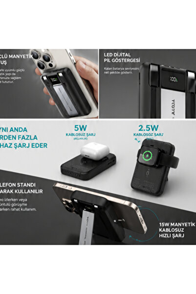 Totu PB-1019 10000 mAh Standlı ve Kendinden Kablolu 20W PD QC 3.0 MagSafe Manyetik Kablosuz Hızlı Şarj Destekli Slim Powerbank