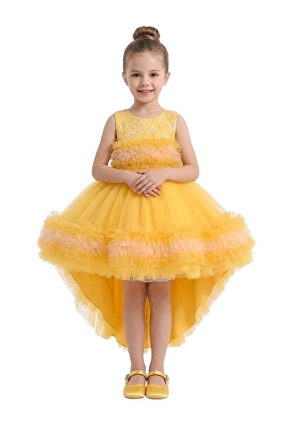 Bidani - High-Low Tulle Flower Girl Dress - Yellow, Pink - 1Y to 6Y