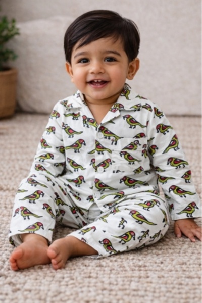 Weswadesi Bird Pattern Muslin Khadi Cotton Kids Night Suit
