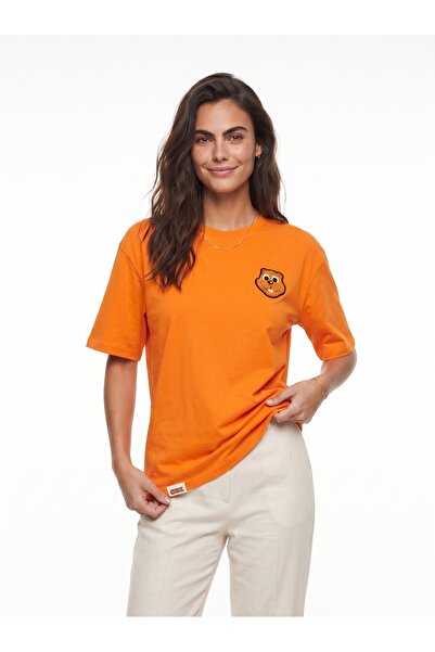 ONLOOX Orange Cotton Crew Neck Comfortable Fit Embroidered Teddy Bear Detaile...