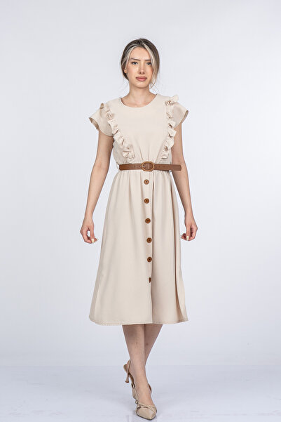 MissVina Estelle Belted Ornamented Buttoned Ruffle Detailed Dress 50406