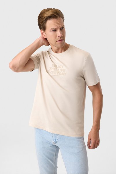 Back And Bond Relaxed fit printed beige crew neck t-shirt