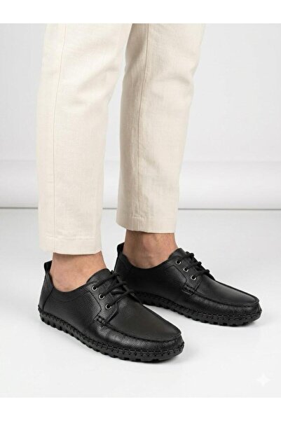 Lütfi Men's black genuine leather orthopedic sole summer shoes