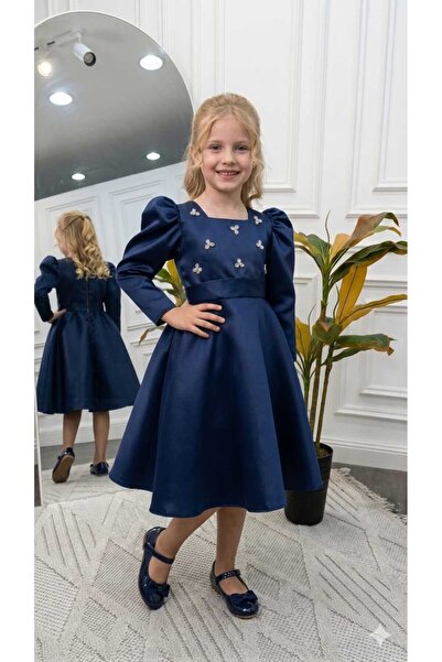 Marllow Girls' Navy Blue Long-Sleeved Dress Is Very Beautiful