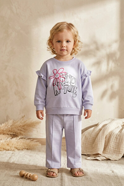 Babydonat Girl's Kind Nature Printed Ruffle Detailed Lilac Tracksuit Set - Co...