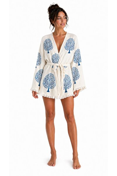 Mulberry Sedna Women's Ecru Muslin Kimono Bathrobe – Belted, Tassel Detailed,...