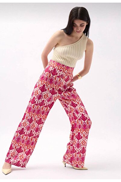 NEW JOURNAL Pantaloni de damă din satin cu model fucsia YEL221047