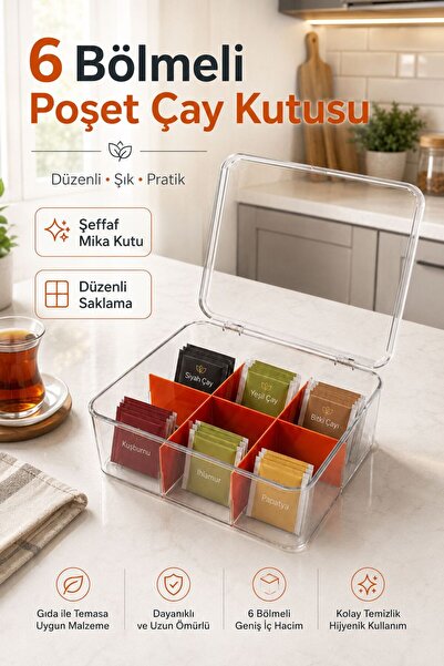 WOODCAP 6 Bölmeli Poşet Bitki Çayı Saklama Kutusu Organizer