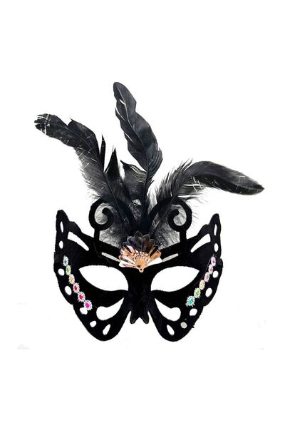 naque Black Color Black Suede Coated Feather Figure Party Mask 24X18 cm
