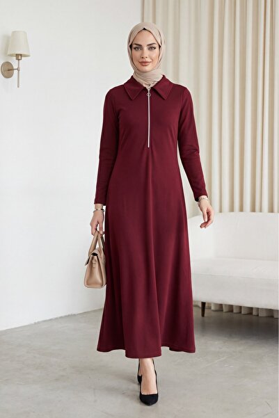 Modamorfo Half Zipper Shirt Collar Long Dress -Burgundy