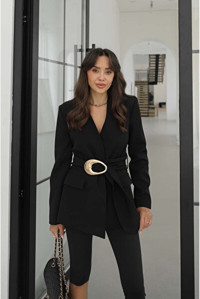 Havoş Black Large Gold Buckle Blazer Jacket
