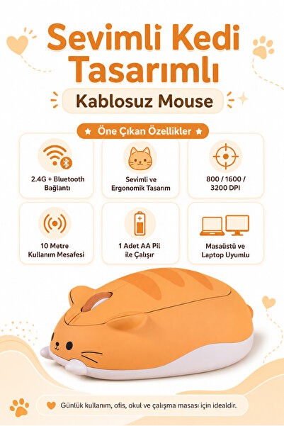 Zilvana Sevimli Kedi Tasarımlı Kablosuz Bluetooth Turuncu Mouse