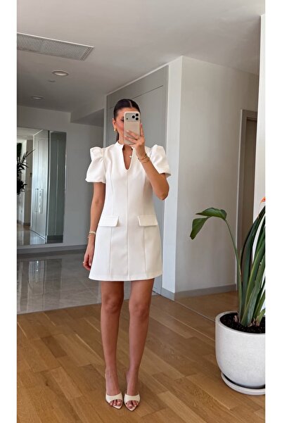 FEMMESTUDIO Women's White Drop Collar Balloon Sleeve Dress