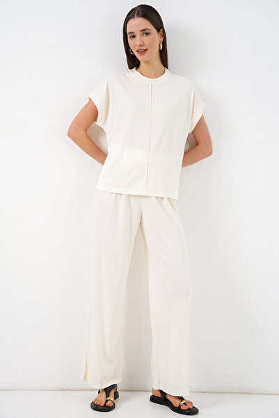 Merterium Women's Knitted Blouse and Pants Two-Piece Set - White 1415