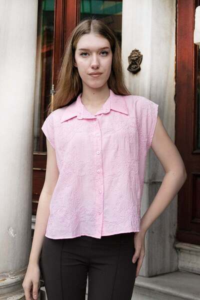 Jument Women's Embroidered Collared Off-Shoulder Loose Shirt-Pink