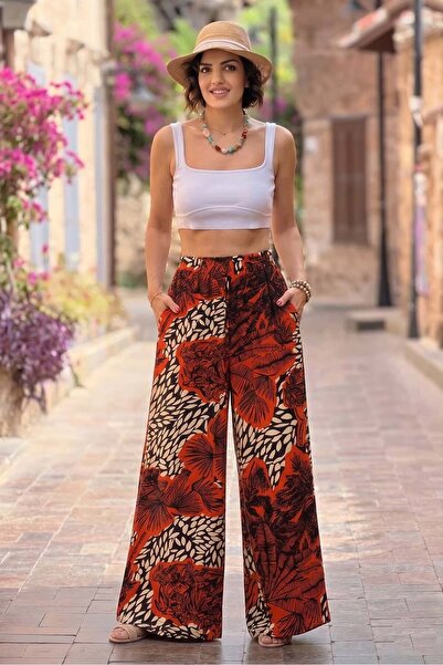 Nevin Kaya Moda Orange Tropical Patterned Trouser Skirt