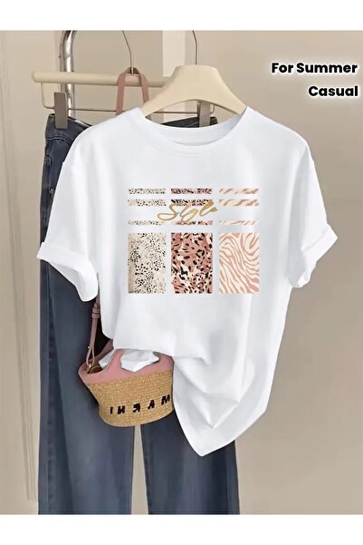 PAVRO Unisex Άνετο T-shirt με μικτό σχέδιο και στάμπα
