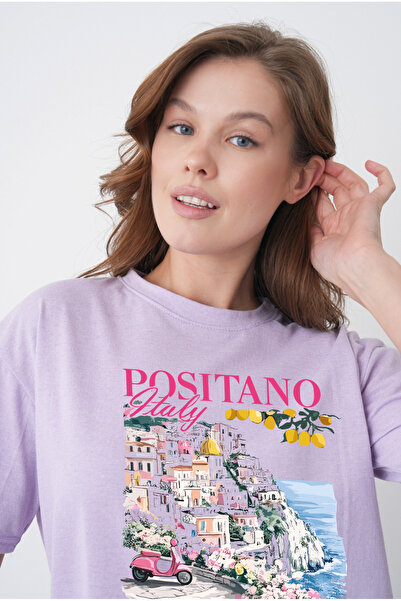 TREND EMMODA Tricou casual de damă, cu imprimeu peisaj Positano, cu gât rotun...