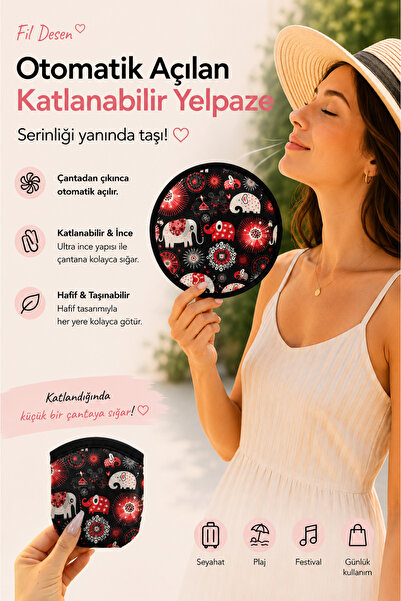 Handalin Fil Desenli Otomatik Açılan Katlanabilir Yuvarlak Yelpaze – Çantalı ...