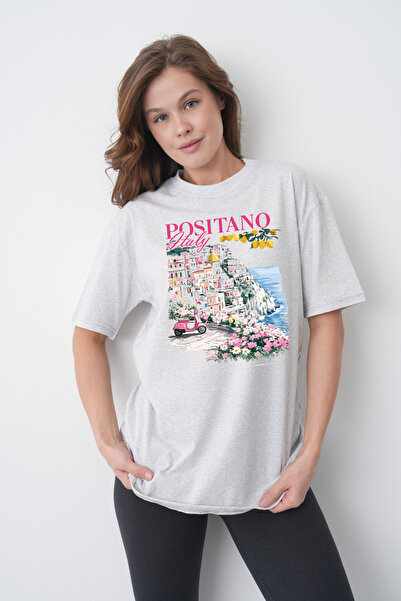 TREND EMMODA Tricou casual gri cu gât rotund, imprimat cu peisajul Positano, ...