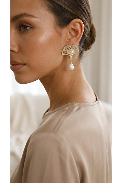 Dorvina Brass Vip Women's Earrings Gold Color Zircon Worked Pearl Vintage Jew...