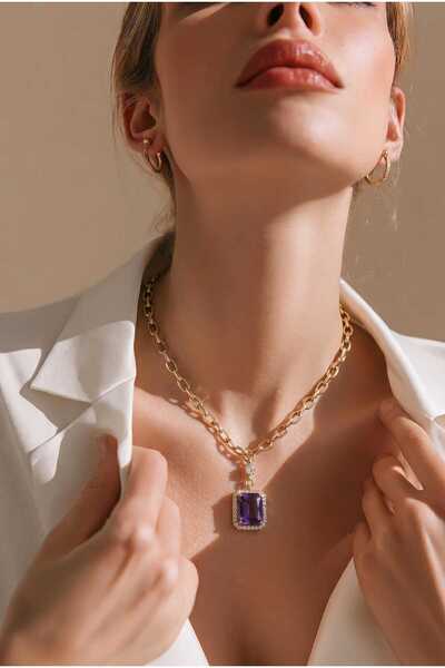 NN Lant frezi din ARGINT 925 suflat cu aur 14 k ,PIATRA MOV
