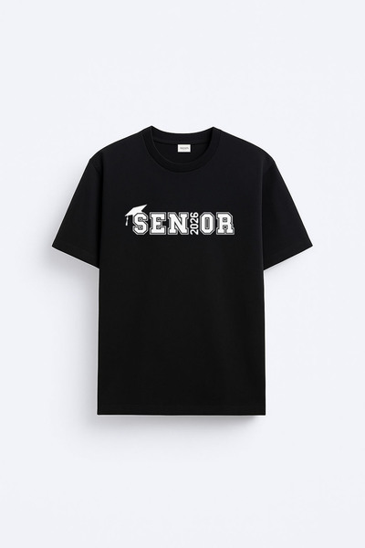 cesita Tricou negru din țesătură de bumbac imprimată pentru absolvirea senior...
