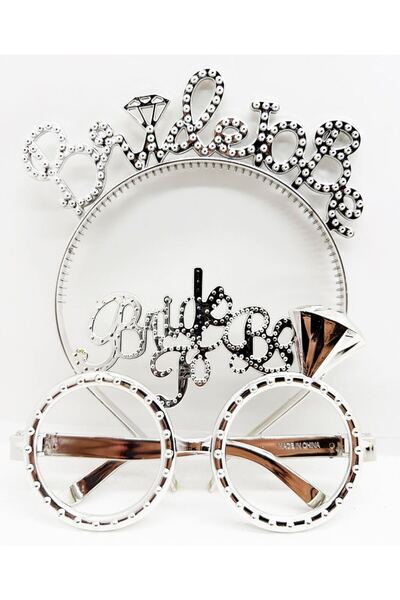 naque Bride To Be Written Crown and Bride To Be Written Glasses Set Silver Color