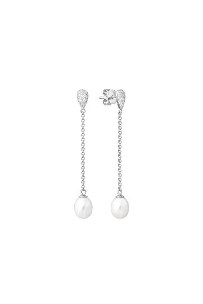 MANAVA Cercei argint lungi cu perle naturale si zirconia - Caprice