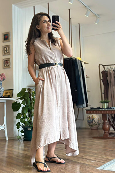 Unique Boutique Beige Maxi Dress with Asymmetrical Belt Detail on the Sides