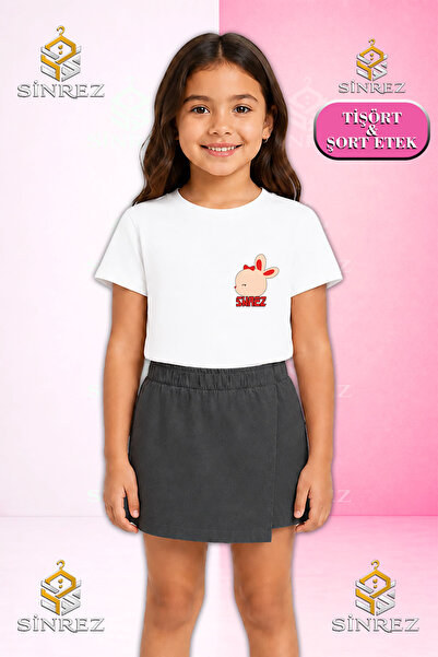 SİNREZ Girl's Set Tavsan Head Logo Ust Printed Short Sleeve T-Shirt Shorts Skirt