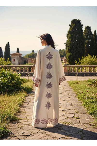 Su Koleksiyon Lotus Bohem Style Wooden Printed Linen Kimono