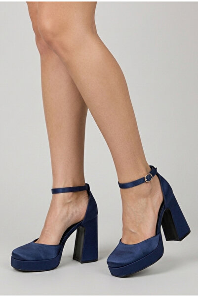 ŞAH Navy Blue Satin 10 cm Heeled Wedding Engagement Evening Dress Shoes