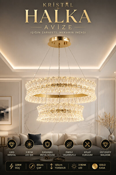Elvora Home Modern (PREMIUM) Kristal Sarkıt Avize Gold Kasa Üç Renk LED Cam T...