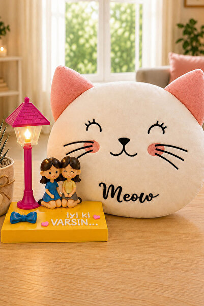 zozoya İyi Ki Varsın Arkadaşa Hediye Biblolu Masa Lambası & Kedi Yastık