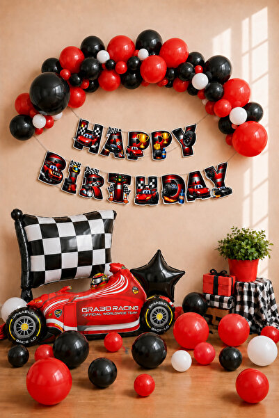 Baloncu Nene Car Themed Birthday Balloon Set Red Black White Happy Birthday B...
