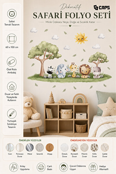caps Safari Themed Adhesive Wall Sticker Children's Room Decorative Sticker 6...