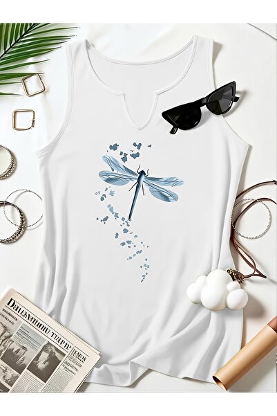 Deocept Women's Yusufçuk Printed Half V-Neck Sleeveless Regular Fit Casual T-...