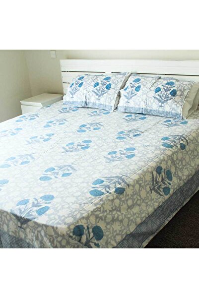Weswadesi Bedsheet and 2 Pillow Covers – Blue and Bluish Grey Printed