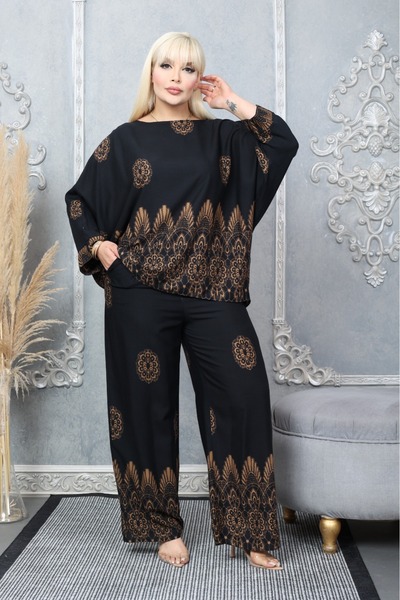Tubik Women's Wide Cut Crew Neck Patterned Top and Bottom Tunic Pants Set